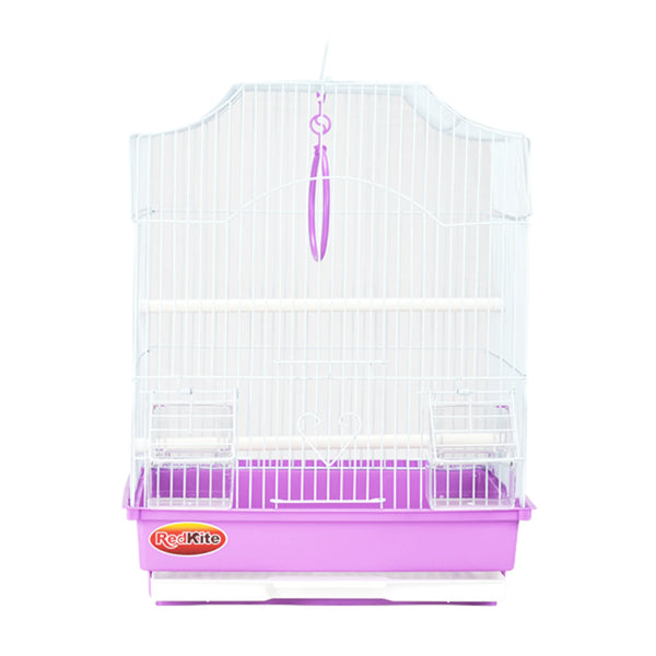 Jaula Niza II color lila vista frontal con comederos y perchas incluidas.