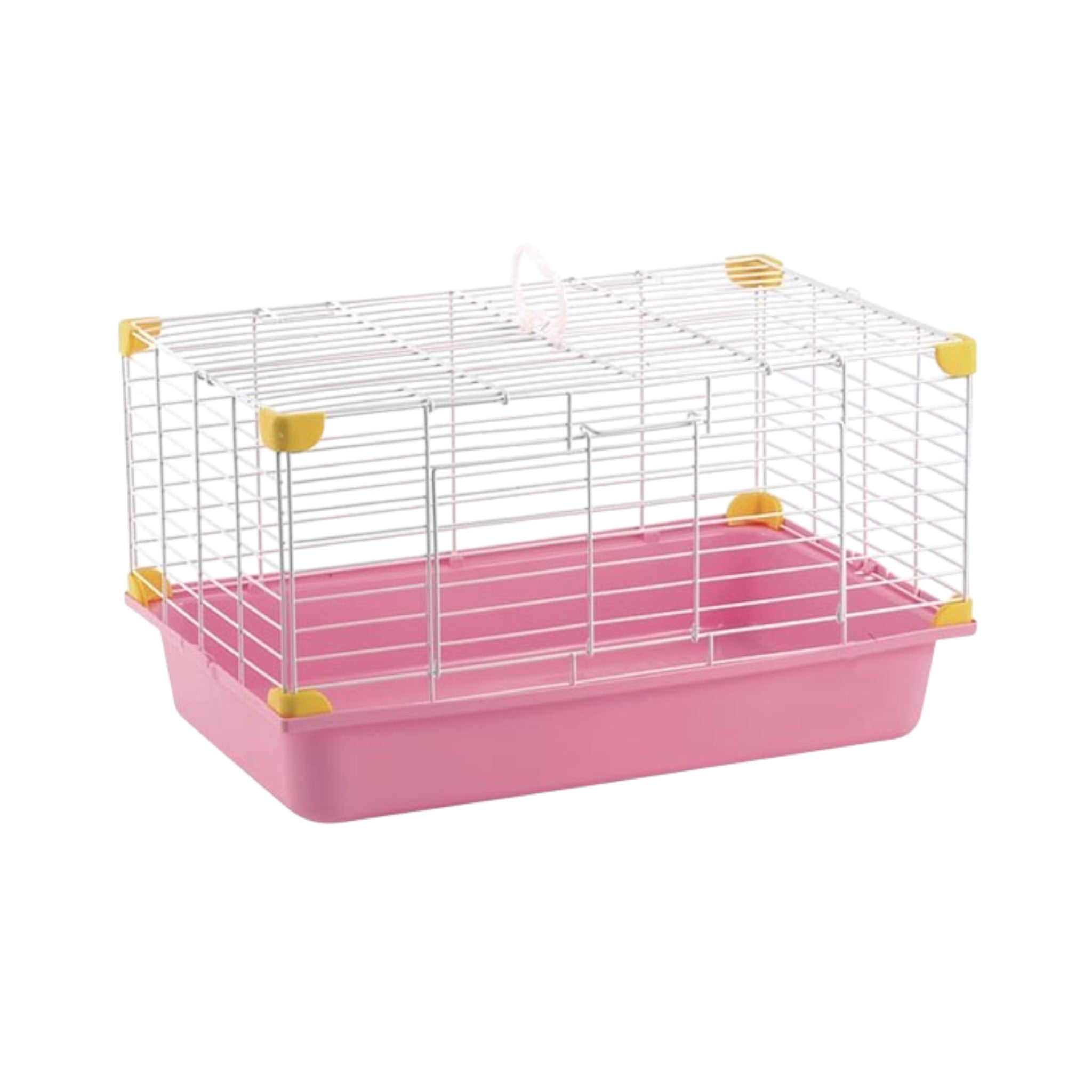Jaula color rosa para pequeños mamíferos, con base plástica, rejilla, asa, puerta frontal y tazón de comida