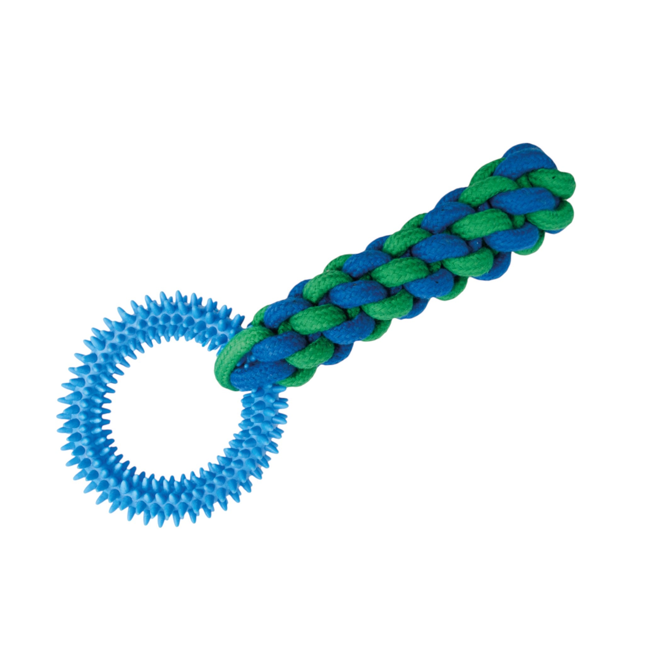Juguete trenzado de cuerda para perros con aro de caucho con picos al final, ideal para morder y jugar.