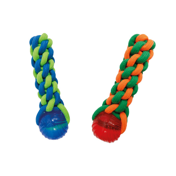 Juguete para perros Ropy Chums con cuerda trenzada tipo cilindro y pelota de plástico, color azul con verde