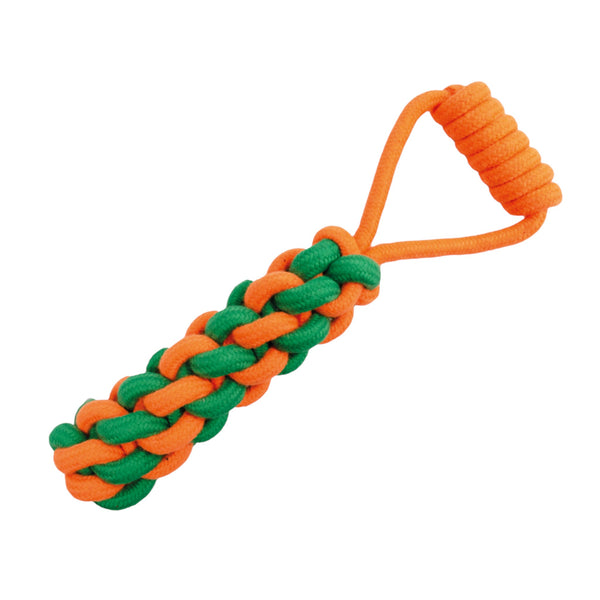 Juguete para perros hecho de hilo trenzado con jaladera al final, ideal para juegos de tirar y morder. Colores azul con verde o naranja con verde, longitud 25.4 cm
