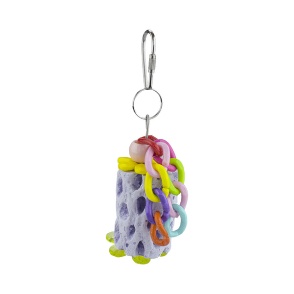 Juguete colgante RedKite color lila con cadenas multicolor para aves