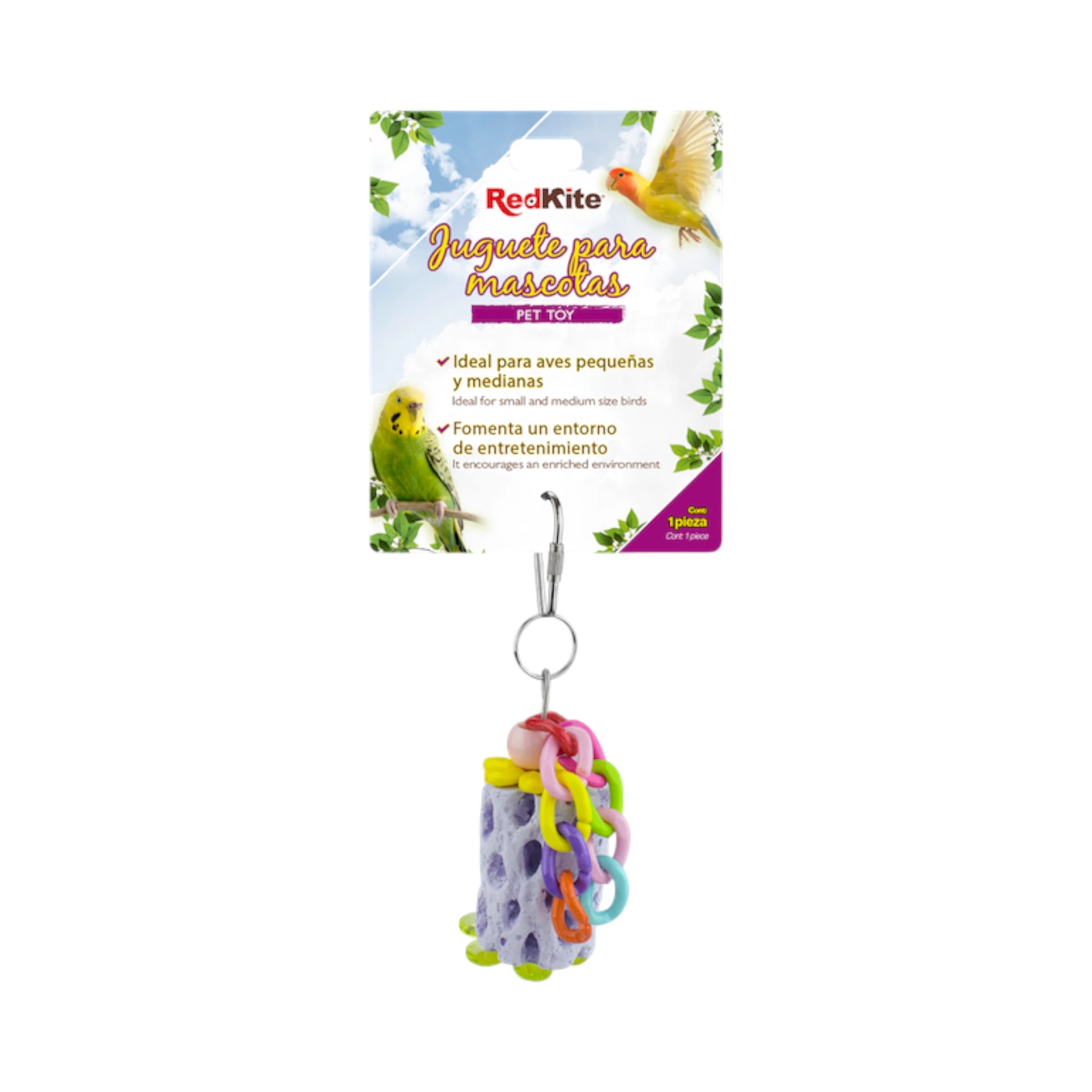 Juguete colgante RedKite con piedra de calcio y cadenas de colores, ideal para aves pequeñas y medianas.