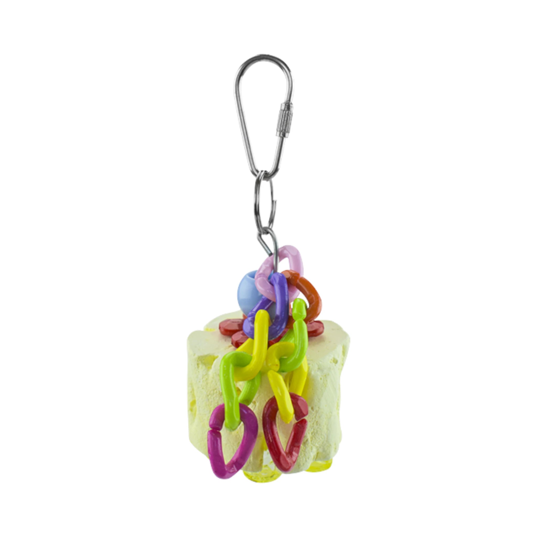 Juguete colgante con calcio RedKite para aves pequeñas y medianas, accesorio colorido que entretiene y aporta calcio.
