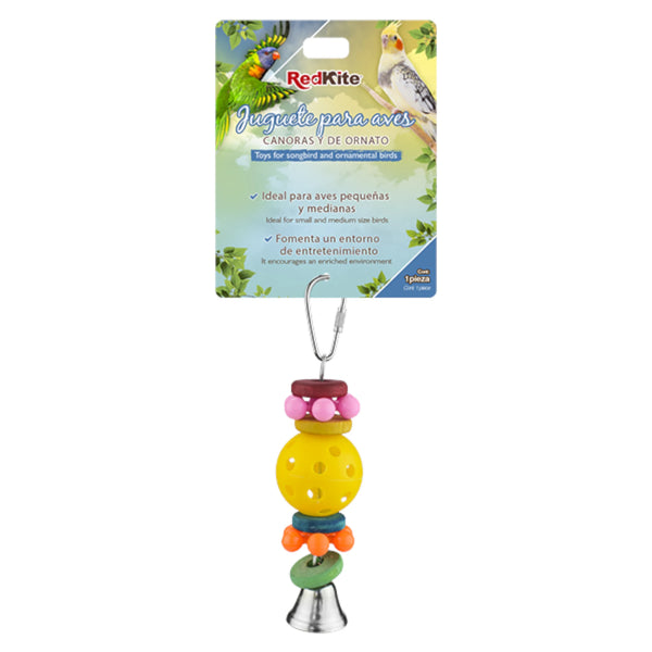 Juguete colgante RedKite para aves pequeñas y medianas con esfera de colores y campana metálica.