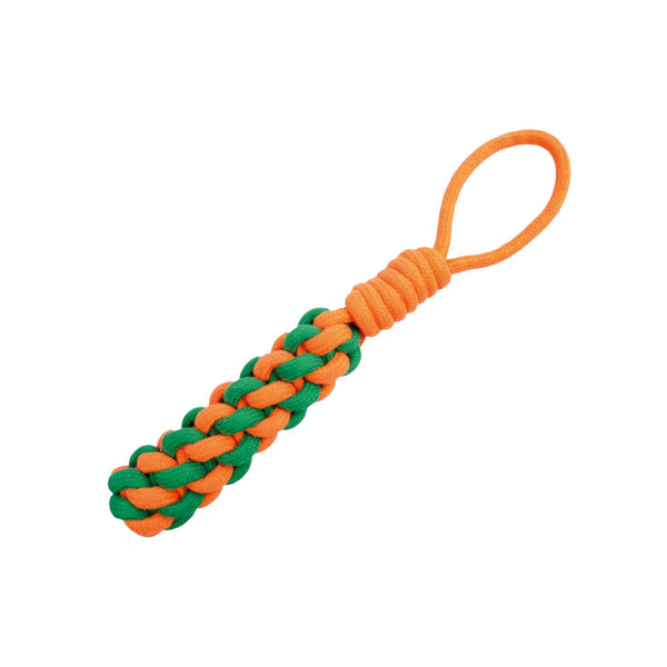 Juguete para perros Ropy Chums con cuerda trenzada cilíndrica y jaladera de hilo, colores azul con verde o naranja con verde