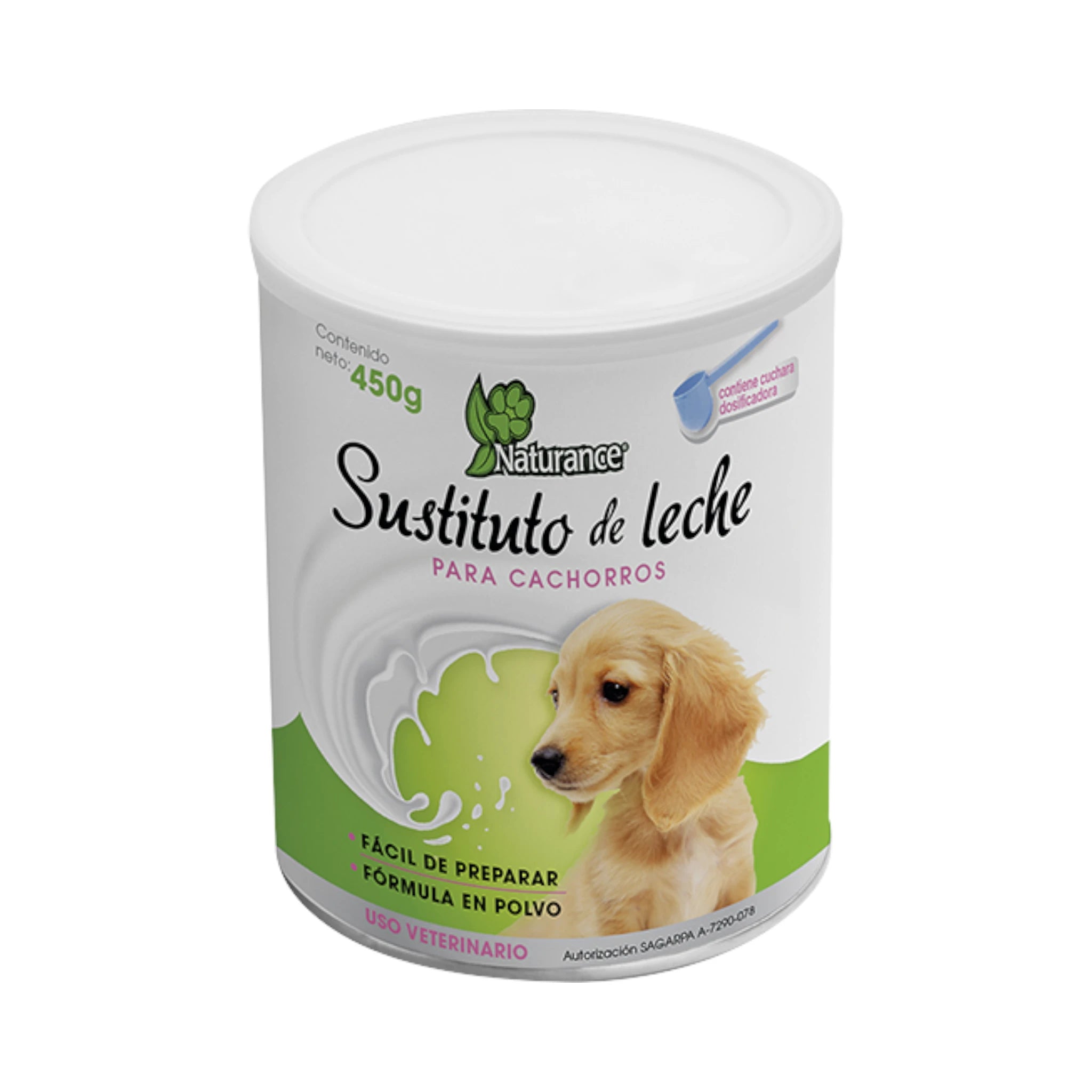 Lata cerrada de leche en polvo Naturance para cachorros, con etiqueta verde y perro en la portada