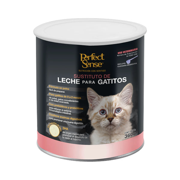 Empaque cerrado de leche en polvo Perfect Sense para gatitos, con imagen de un minino, 360g