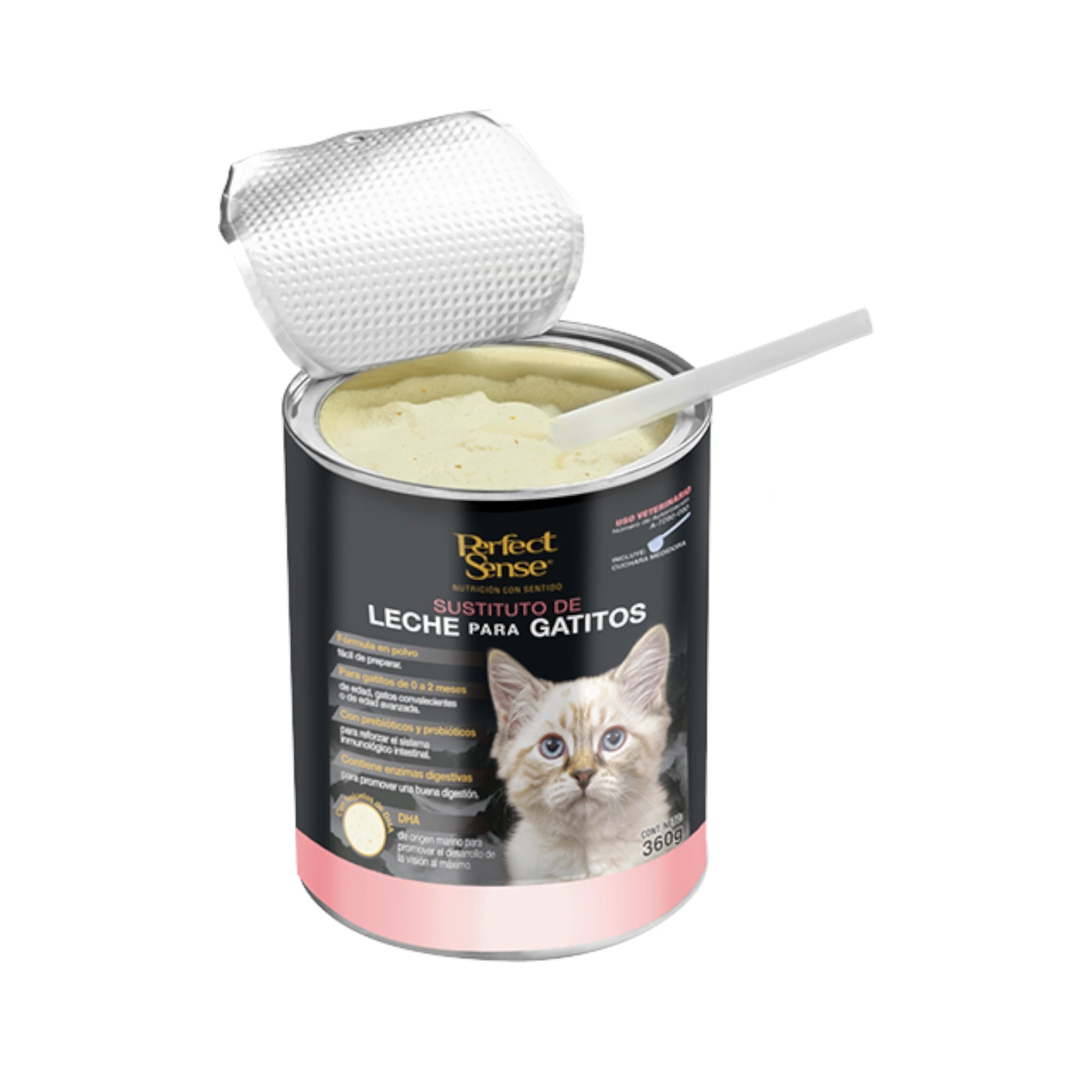 Lata abierta de sustituto de leche Perfect Sense para gatitos con fórmula en polvo y cuchara incluida, 360g