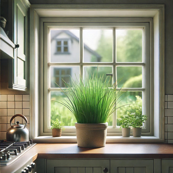 Imagen realista de una planta de cebolleta creciendo en una maceta junto a la ventana de una cocina