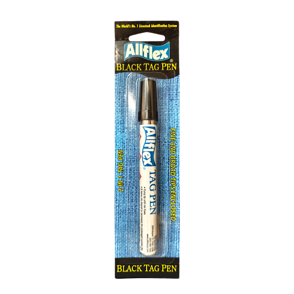 Marcador Allflex Black Tag Pen para identificación de aretes de ganado, con tinta negra resistente y doble punta para marcaje duradero.
