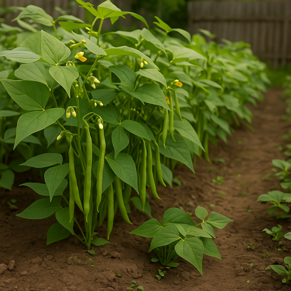Planta de frijol ejotero creciendo en un huerto casero de traspatio, mostrando vainas verdes listas para cosechar