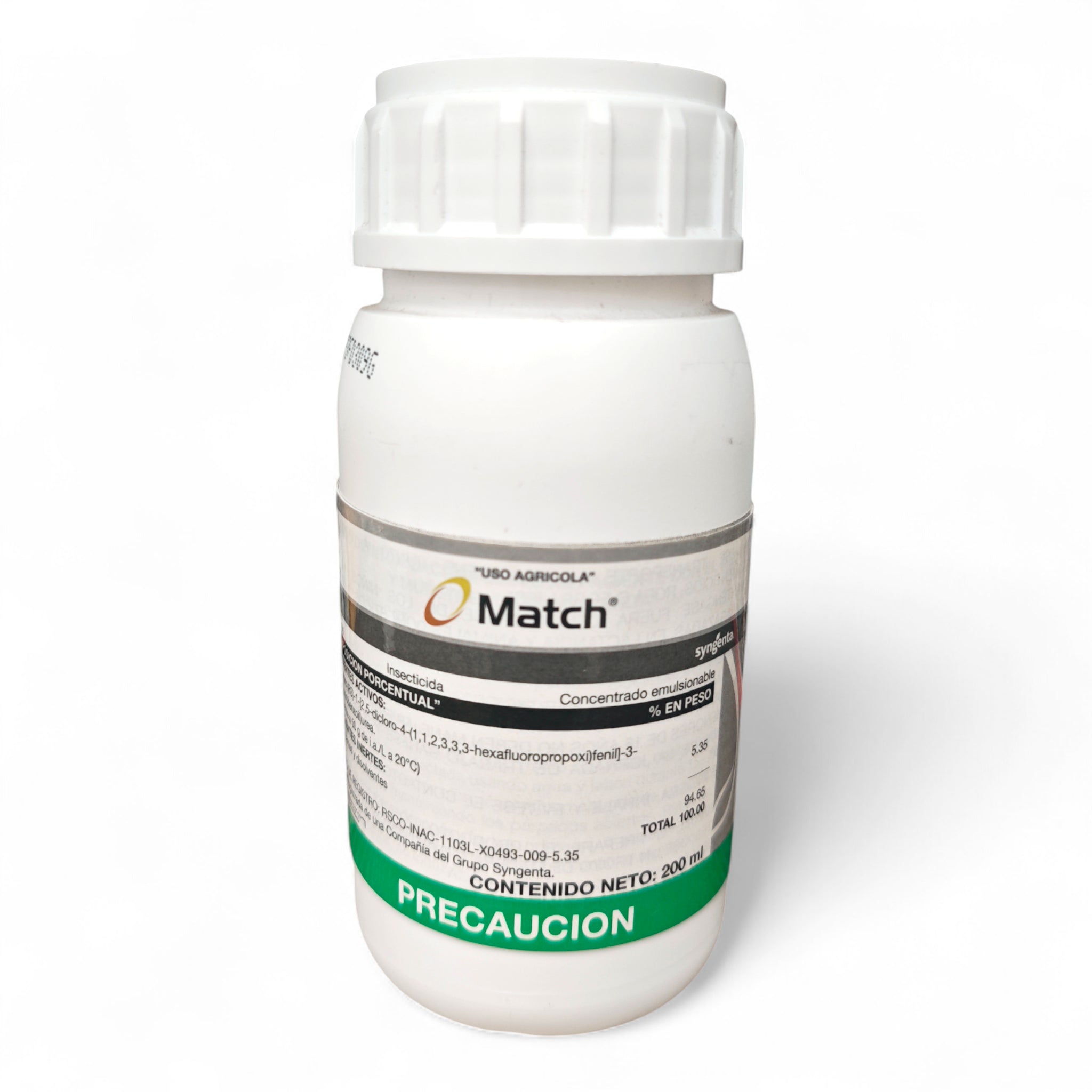 Envase de Match insecticida agrícola con Lufenuron, inhibidor de la muda para control del gusano cogollero en cultivos de maíz y sorgo.