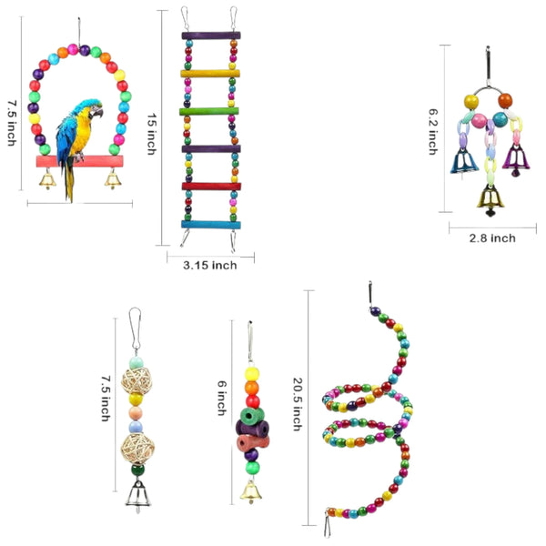 Imagen con las dimensiones de columpios, escaleras y accesorios del set de juguetes para aves.