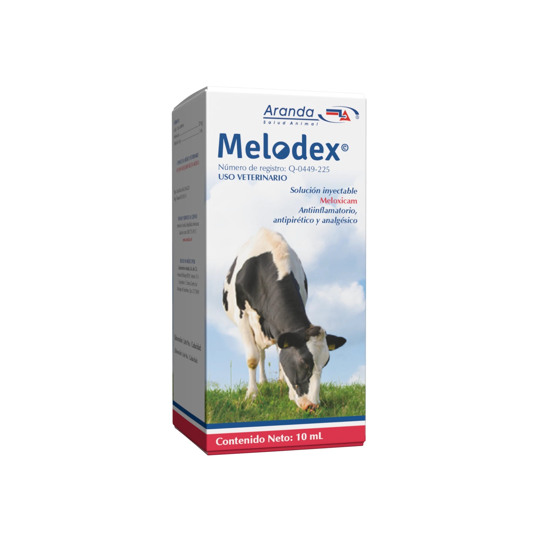 Caja de Melodex 10 ml, antiinflamatorio y analgésico para ganado con meloxicam
