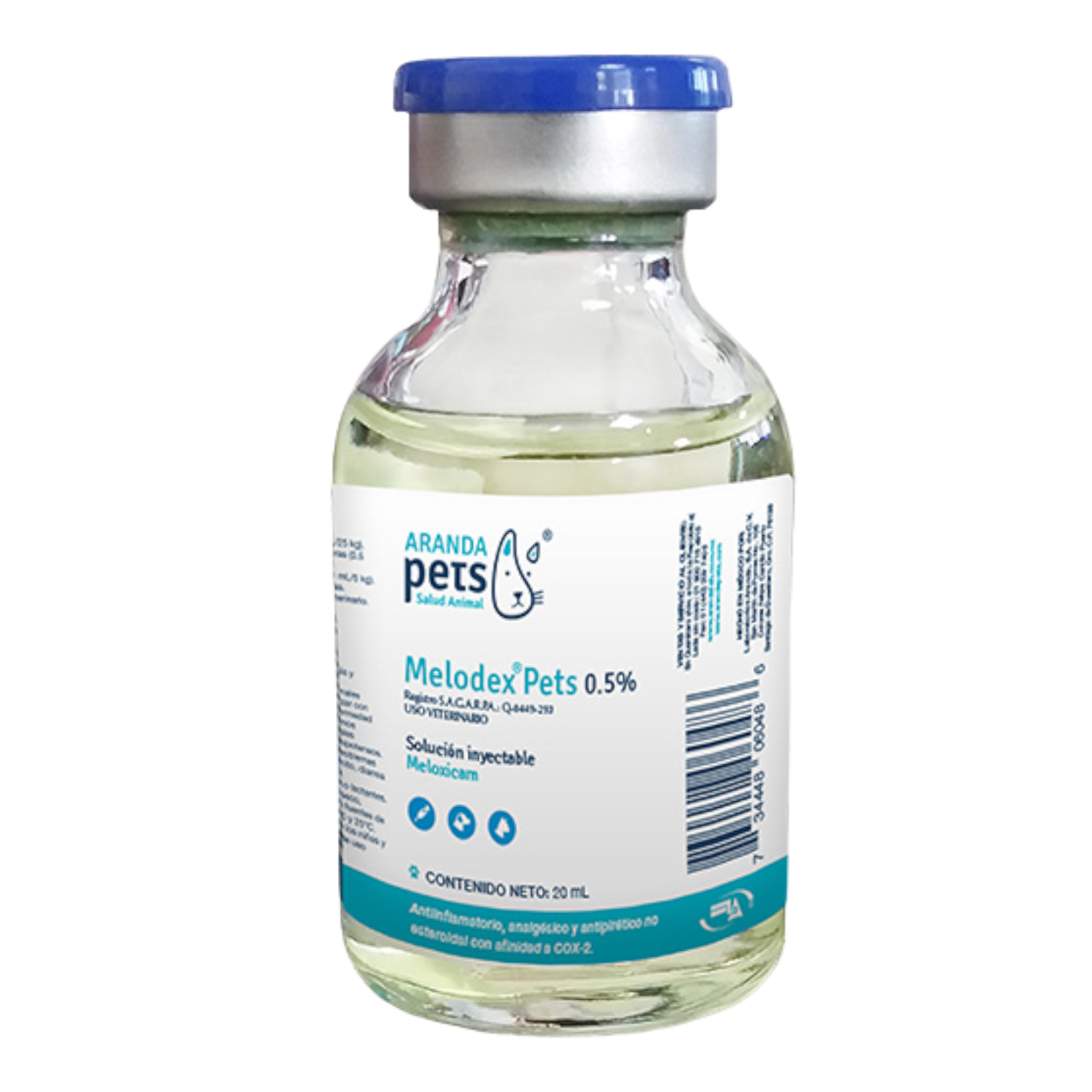 Frasco de vidrio de Melodex Pets 0.5%, antiinflamatorio inyectable para perros y gatos, ideal para tratar dolor, fiebre e inflamación.