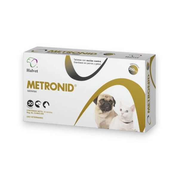 Caja de Metronid 250 mg con 30 tabletas para tratar infecciones intestinales y giardiasis en perros y gatos