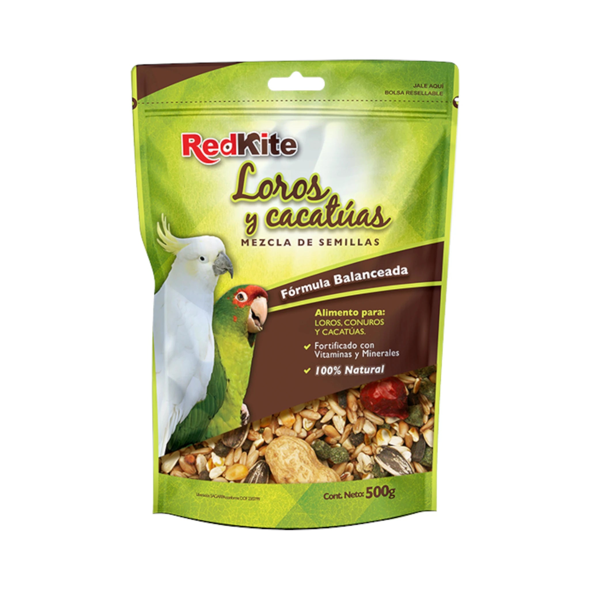 Bolsa de 500g de mezcla de semillas RedKite para loros, conuros y cacatúas, fórmula balanceada con vitaminas y minerales.