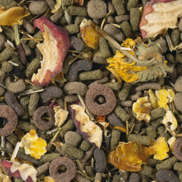 Mezcla de alimento para cuyos con pellets, frutas deshidratadas, hierbas aromáticas y semillas naturales