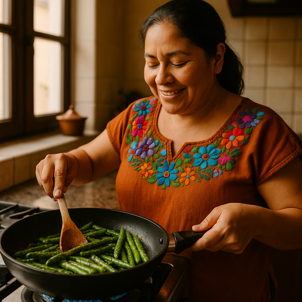 imagen realista de mujer cocinando esparragos salteados