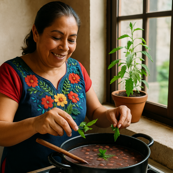Mujer latina agregando ramas frescas de epazote a una olla de frijoles, con una maceta de epazote visible en la ventana al fondo de la cocina