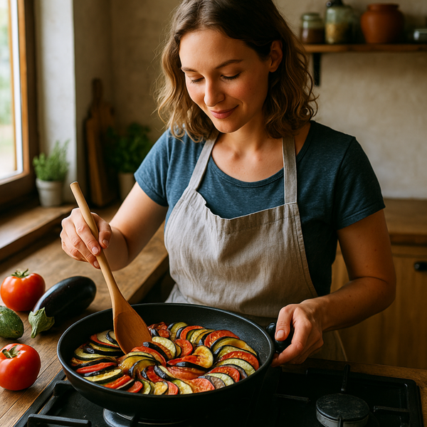 Mujer preparando un platillo de ratatouille con berenjena en una cocina acogedora, mostrando el uso casero y culinario del cultivo propio.