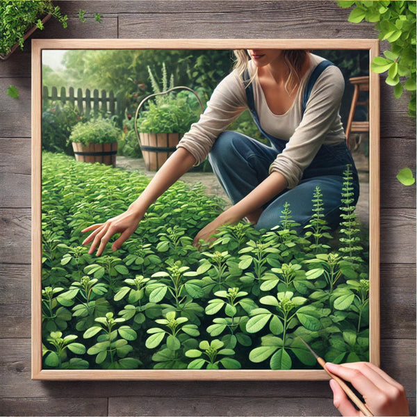 Mujer en patio cuidando su cultivo de alfalfa, mostrando un huerto casero saludable y lleno de vida.