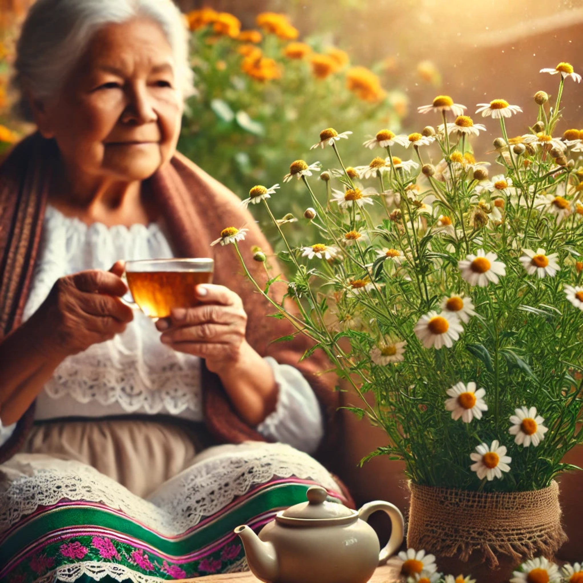 Mujer adulta mayor tomando una taza de té de manzanilla, con una maceta de manzanilla y una jarra de infusión sobre la mesa, representando el uso casero y relajante de esta planta medicinal.

