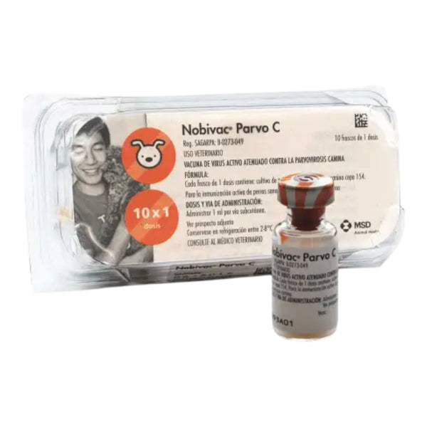 rasco de la vacuna Nobivac Parvo C de dosis única, utilizada para la inmunización de perros y cachorros contra el parvovirus canino.