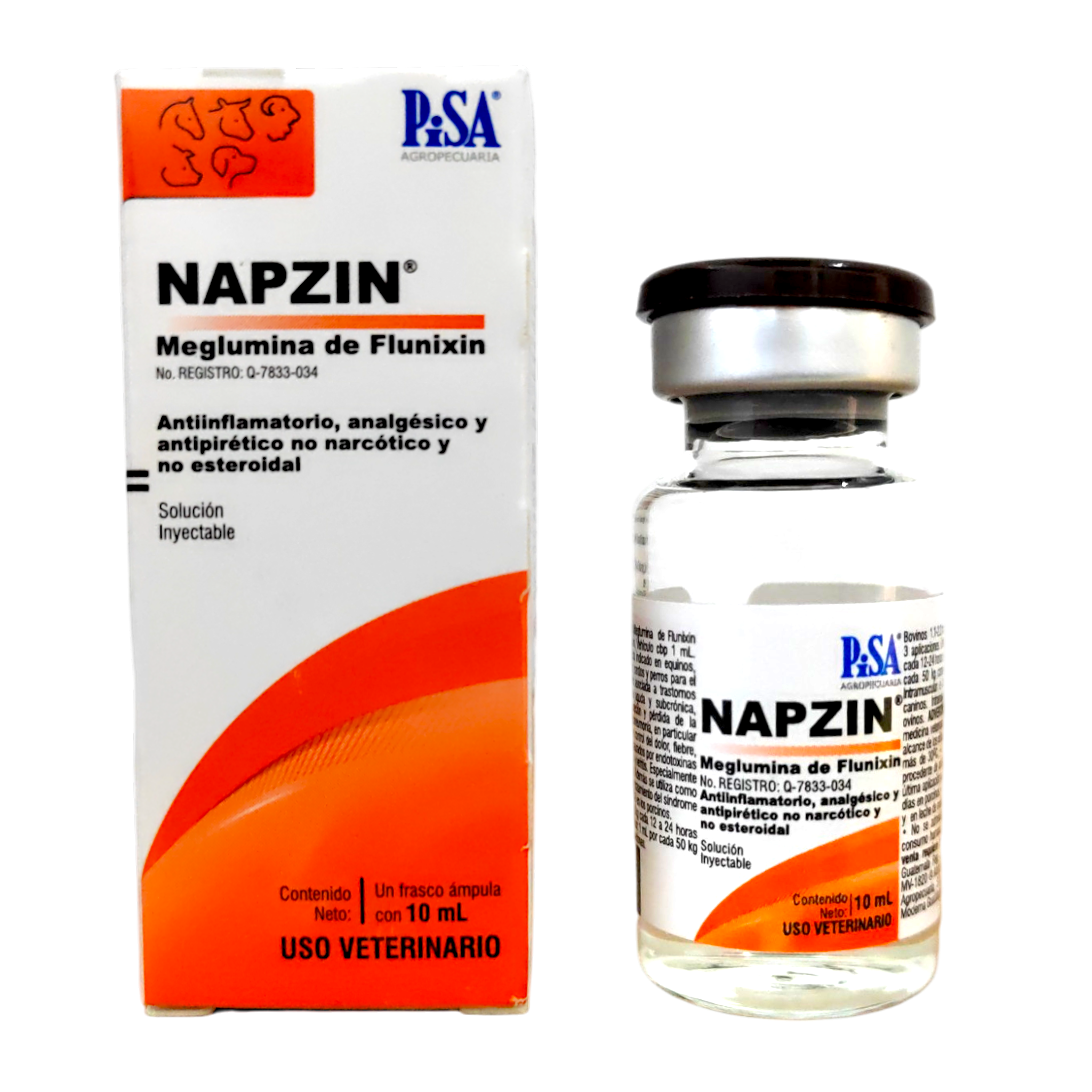 Frasco de Napzin 10ml, antiinflamatorio y analgésico inyectable para bovinos, caballos, cerdos y perros