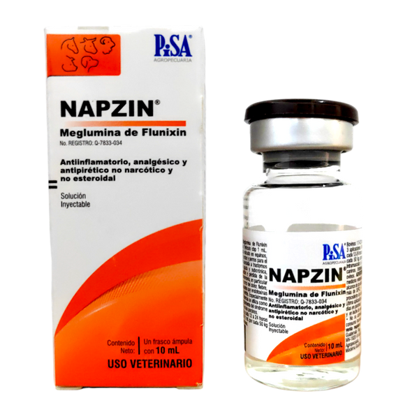 Frasco de Napzin 10ml, antiinflamatorio y analgésico inyectable para bovinos, caballos, cerdos y perros