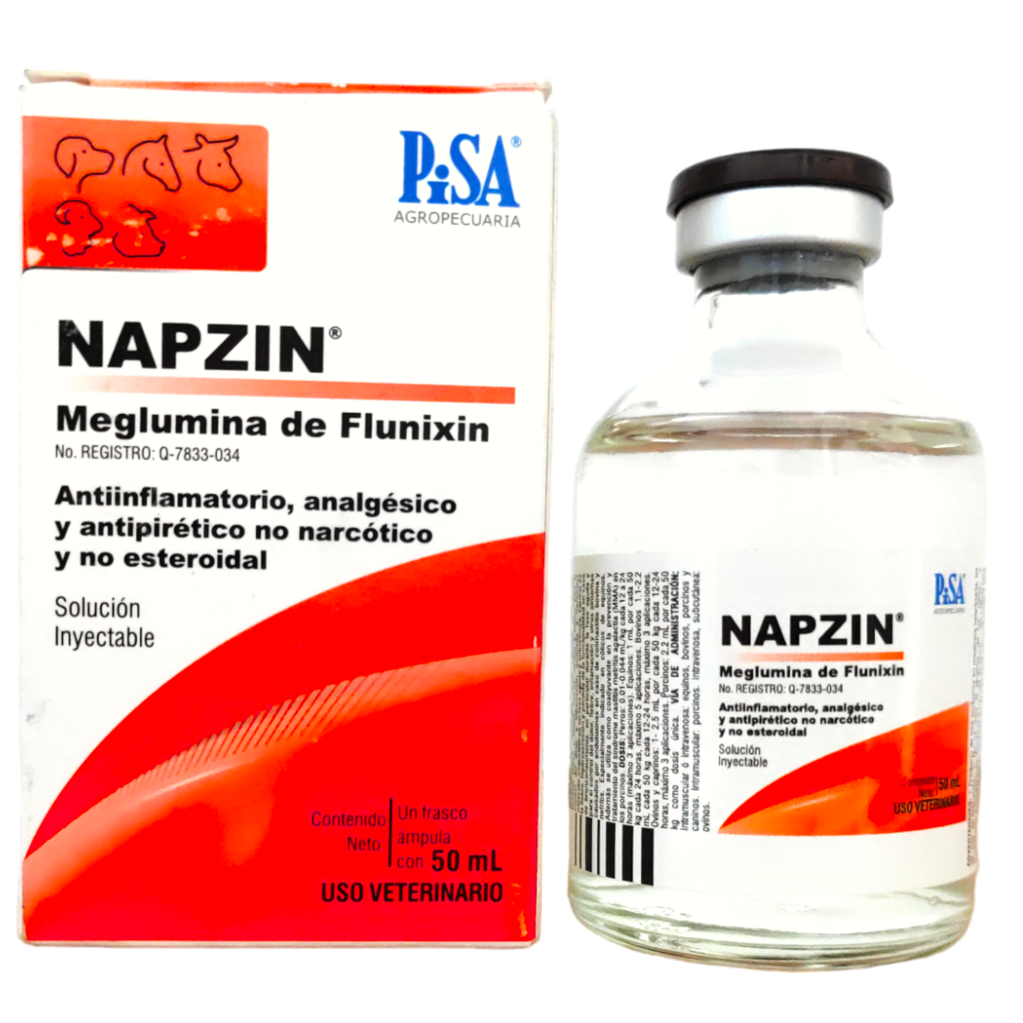 Frasco de Napzin 50ml, antiinflamatorio y analgésico para ganado, equinos, cerdos y perros