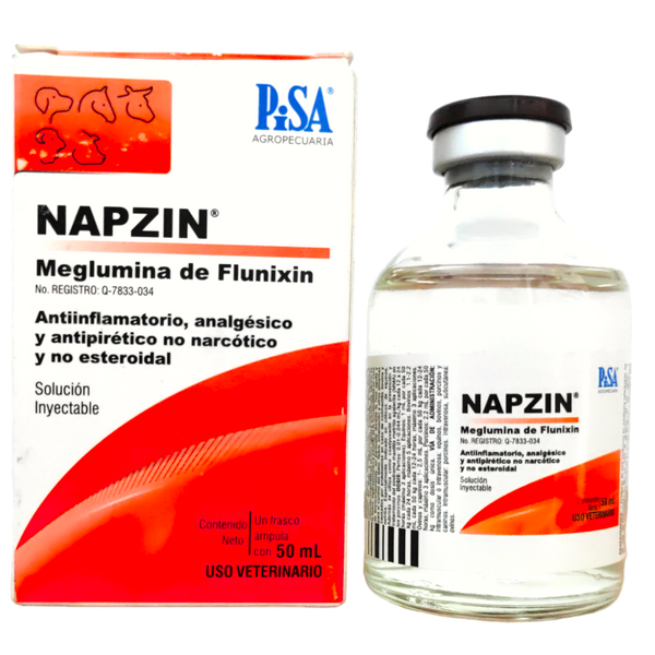 Frasco de Napzin 50ml, antiinflamatorio y analgésico para ganado, equinos, cerdos y perros