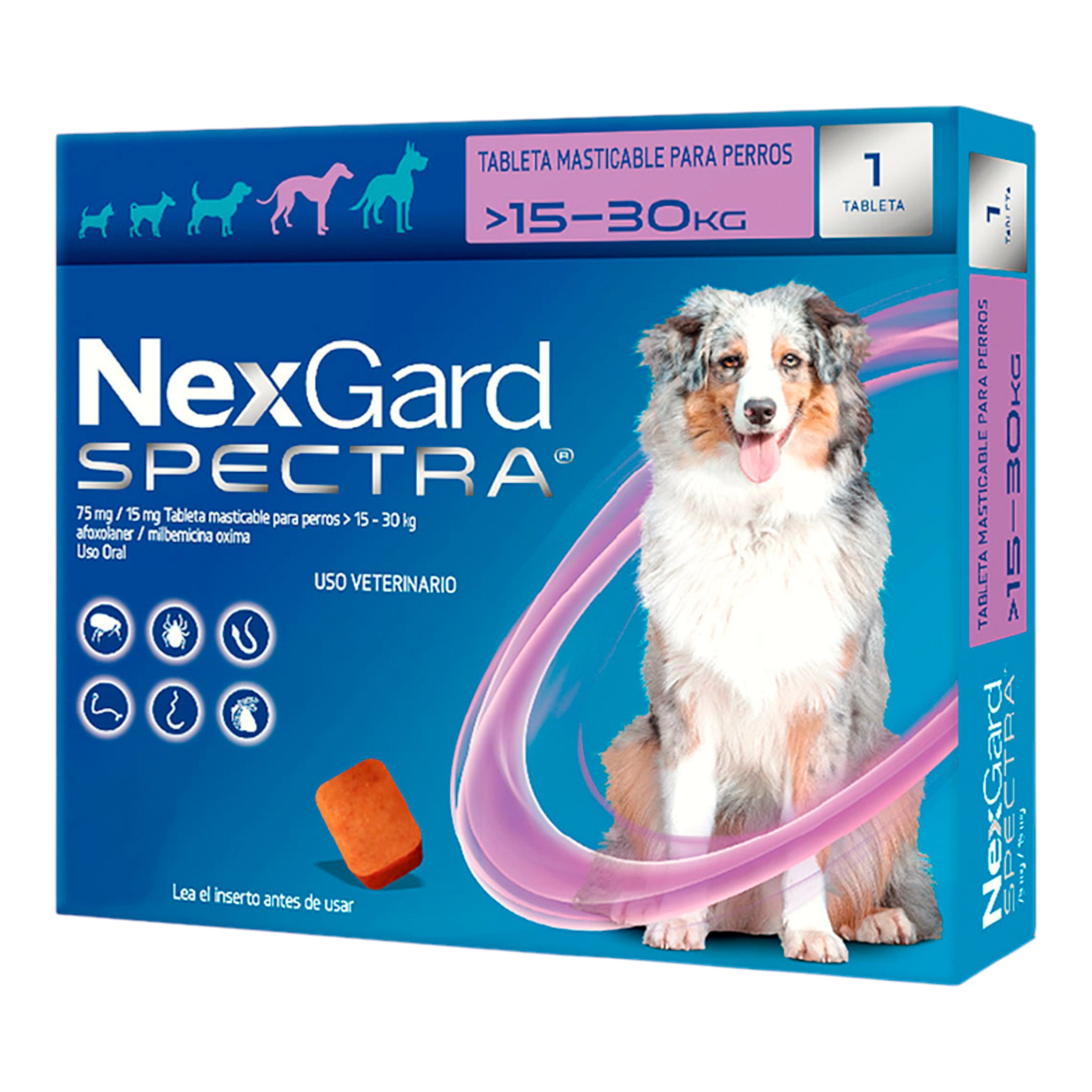 Caja de Nexgard Spectra 15–30 kg para perros, mostrando presentación del masticable antipulgas, antigarrapatas y desparasitante interno.