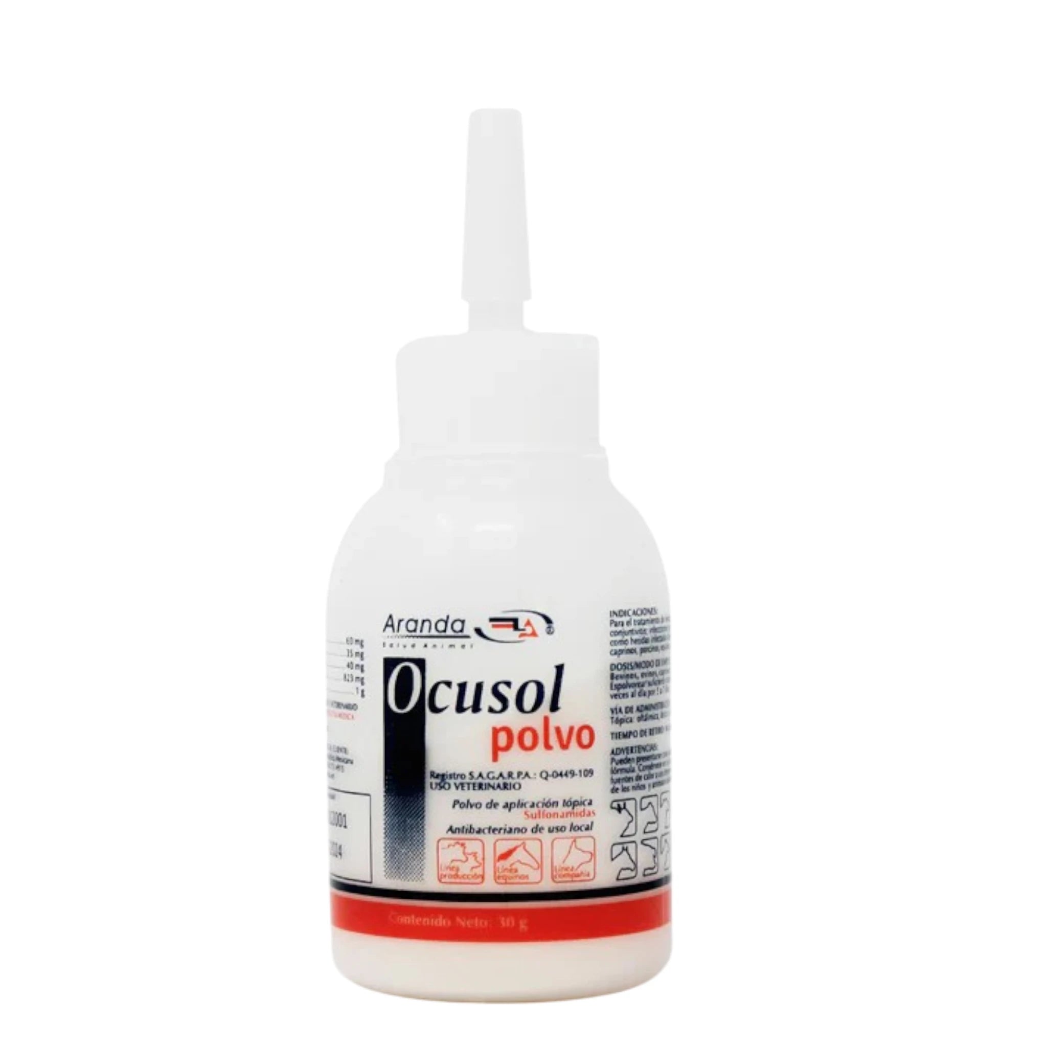 Envase de Ocusol Polvo 30g, tratamiento antibacteriano para ojos, oídos y piel en perros, gatos y animales de granja
