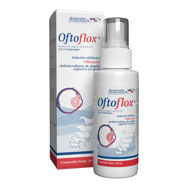 Frasco de Oftoflox 30 ml para tratamiento de infecciones oculares en animales
