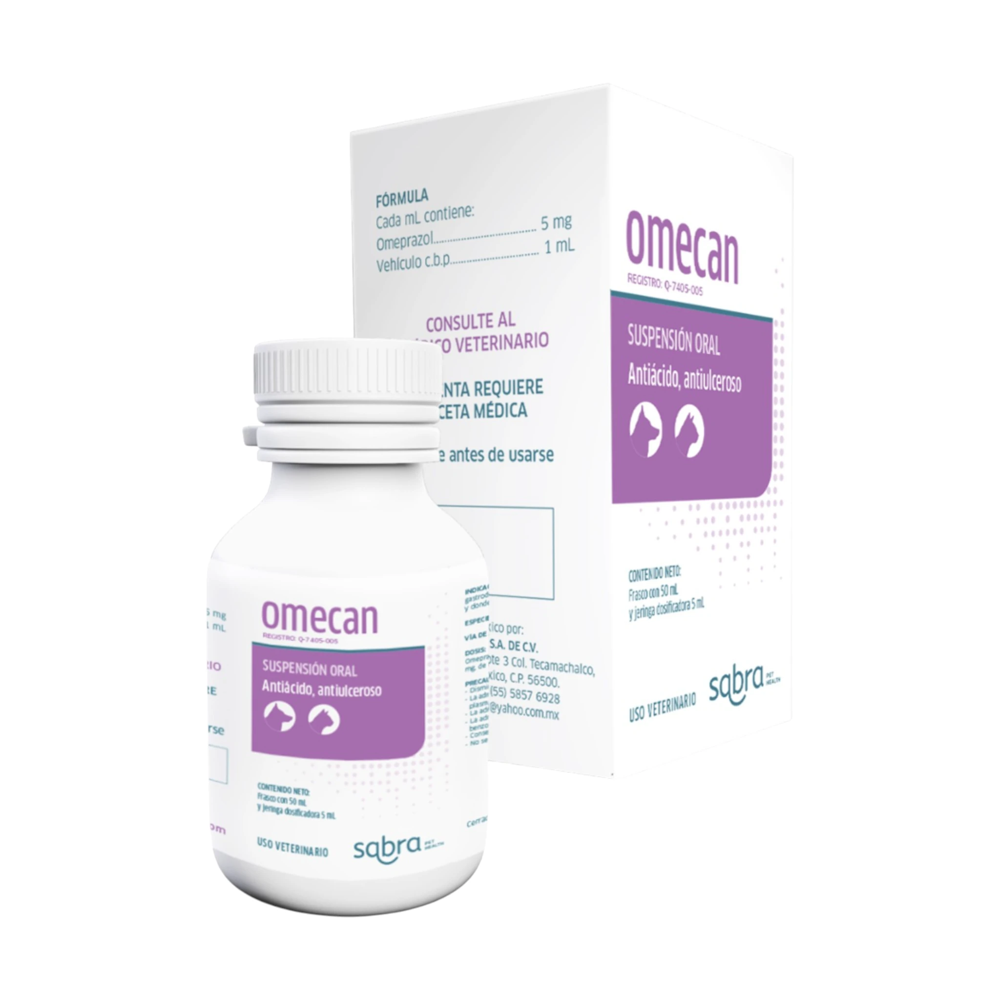 Frasco y caja de Omecan suspensión oral 5 mg con omeprazol para tratar acidez y úlceras en perros y gatos