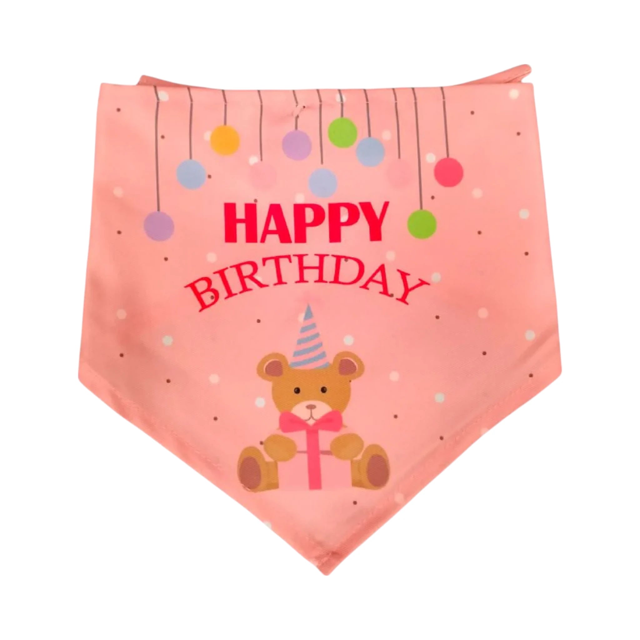 Pañuelo rosa decorado con un osito con gorro de cumpleaños y regalo, junto con la frase “feliz cumpleaños”, para mascotas festejadas con estilo.