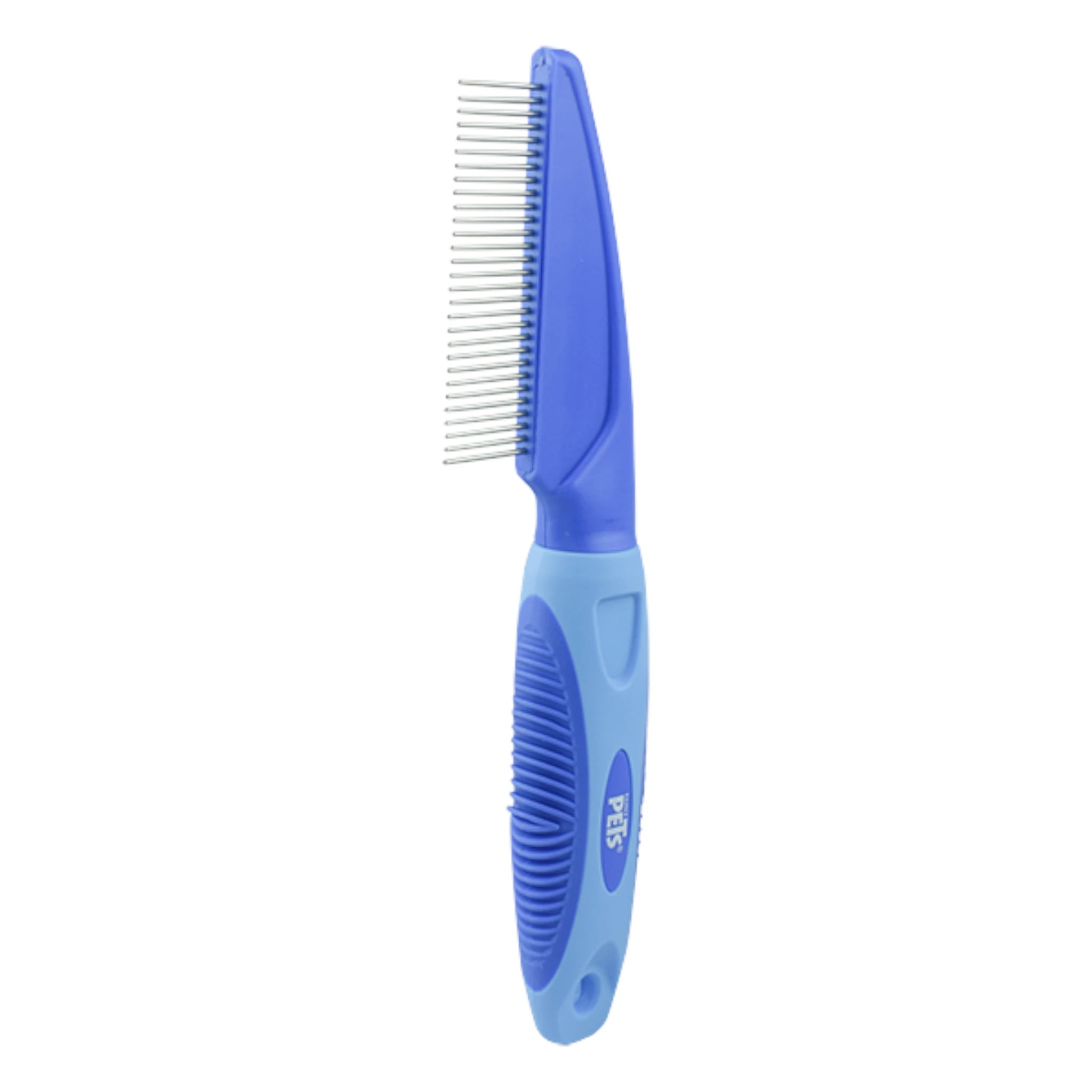 Peine desenredante de metal Fancy Pets con mango ergonómico azul, ideal para perros y gatos de pelo corto, medio o rizado