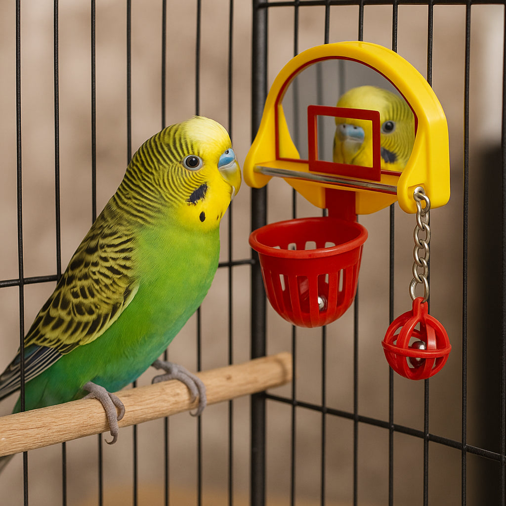 Periquito dentro de su jaula observando su reflejo en un juguete de canasta con espejo y pelota colgante.