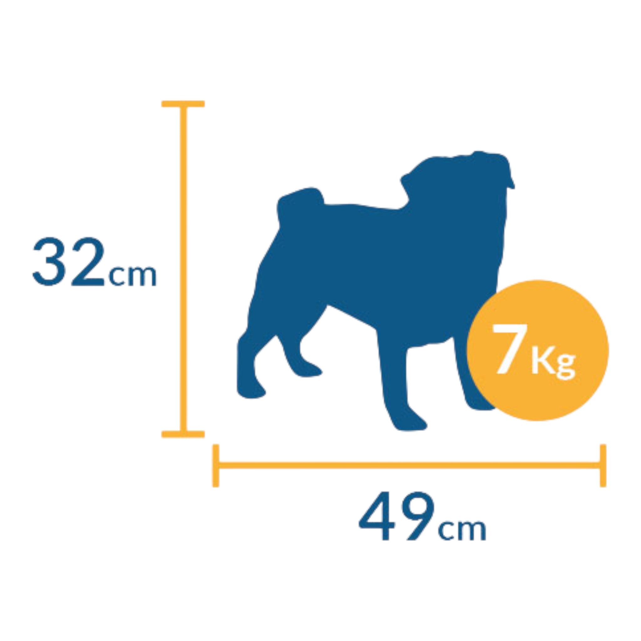 Diagrama de perro con medidas ideales para transportadora Sunny: 49 cm de largo, 32 cm de alto y hasta 7 kg de peso