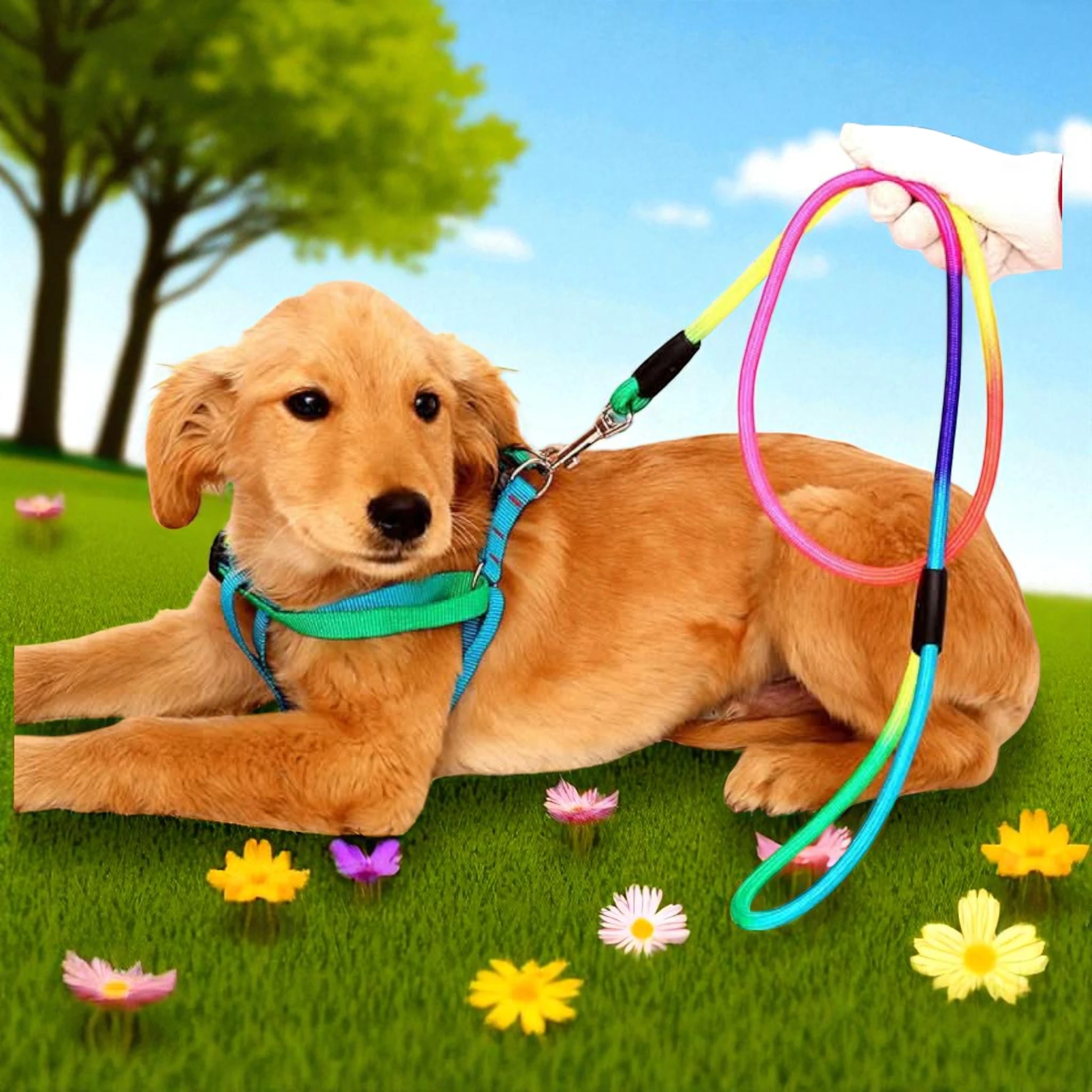 Perro usando arnés con correa reflectante y diseño arcoíris, mostrando ajuste y comodidad en uso real.