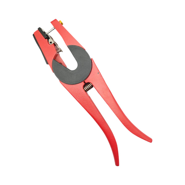 Pinza aretadora roja para ganado, vista lateral, herramienta de marcación