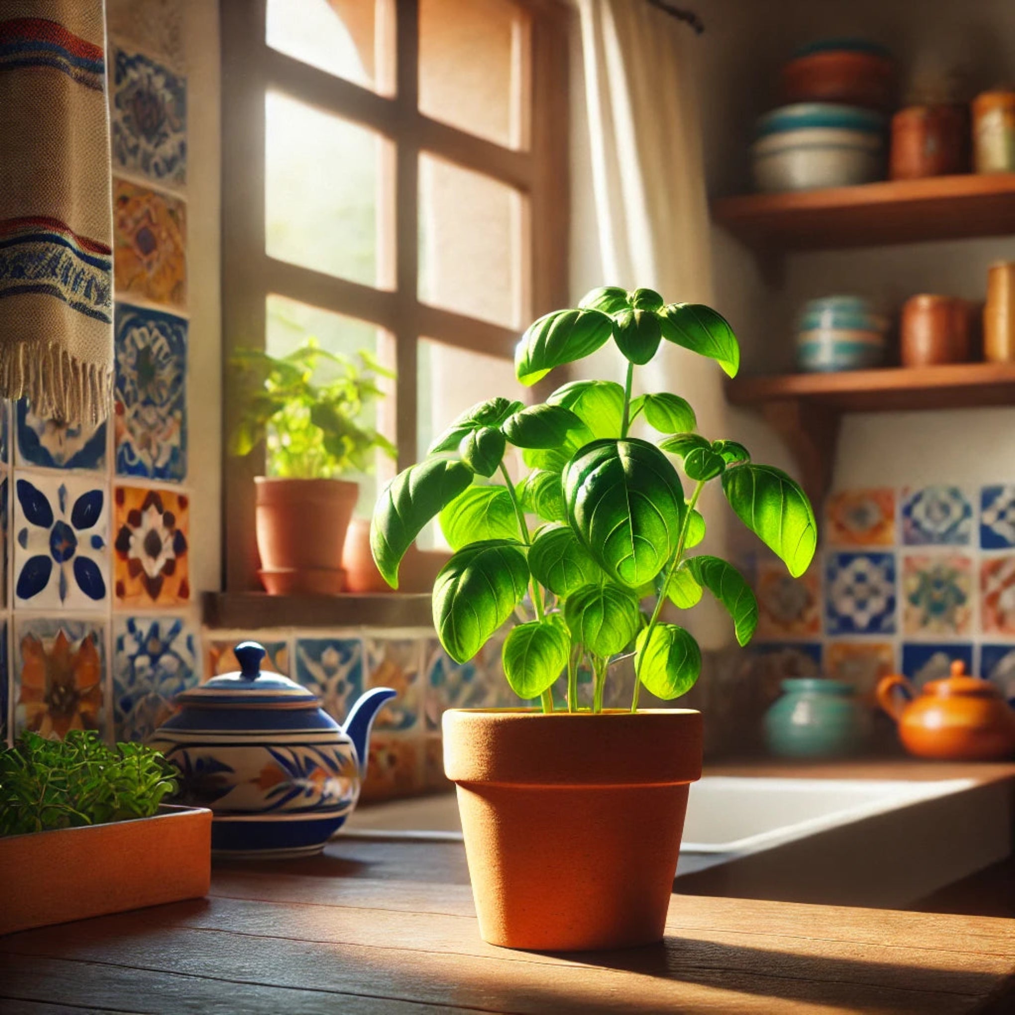 Imagen realista de una planta de albahaca con hojas verdes y frescas, ideal para mostrar su cultivo en maceta o jardín.