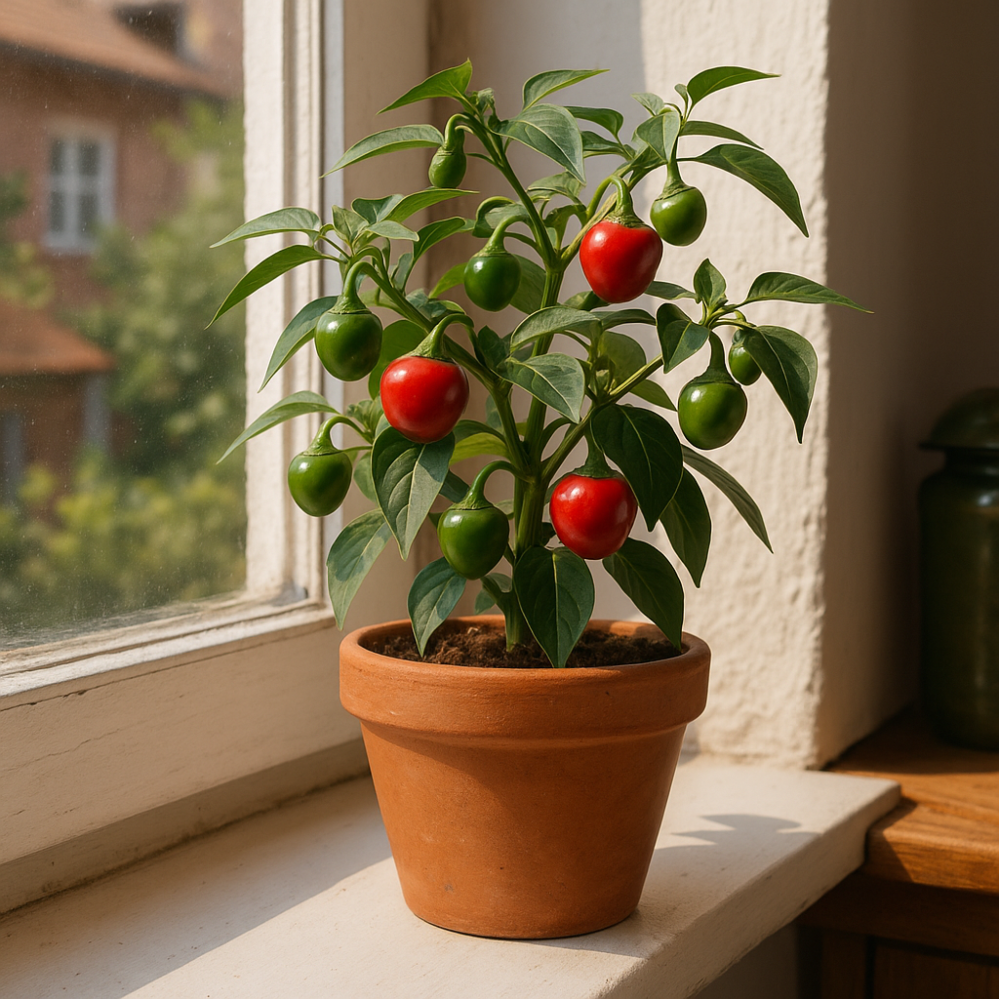 Planta de chile bola o cascabel creciendo en una maceta junto a la ventana de una casa, con frutos redondos listos para cosechar