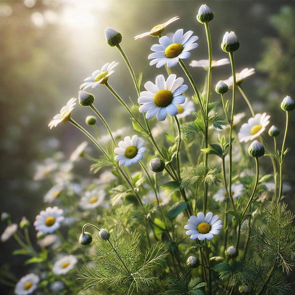 Vista cercana de una planta de manzanilla con flores blancas y centro amarillo, ideal para mostrar su belleza y potencial medicinal en huertos urbanos.