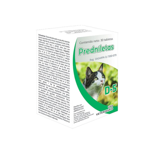 Caja de Predniletas D-5, corticoide veterinario con prednisolona 5mg para tratar inflamación, alergias y enfermedades autoinmunes en perros y gatos