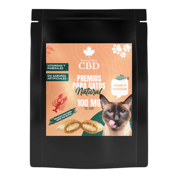 Fotografía del empaque de premios para gatos con CBD sabor mariscos, diseñado para apoyar su bienestar.