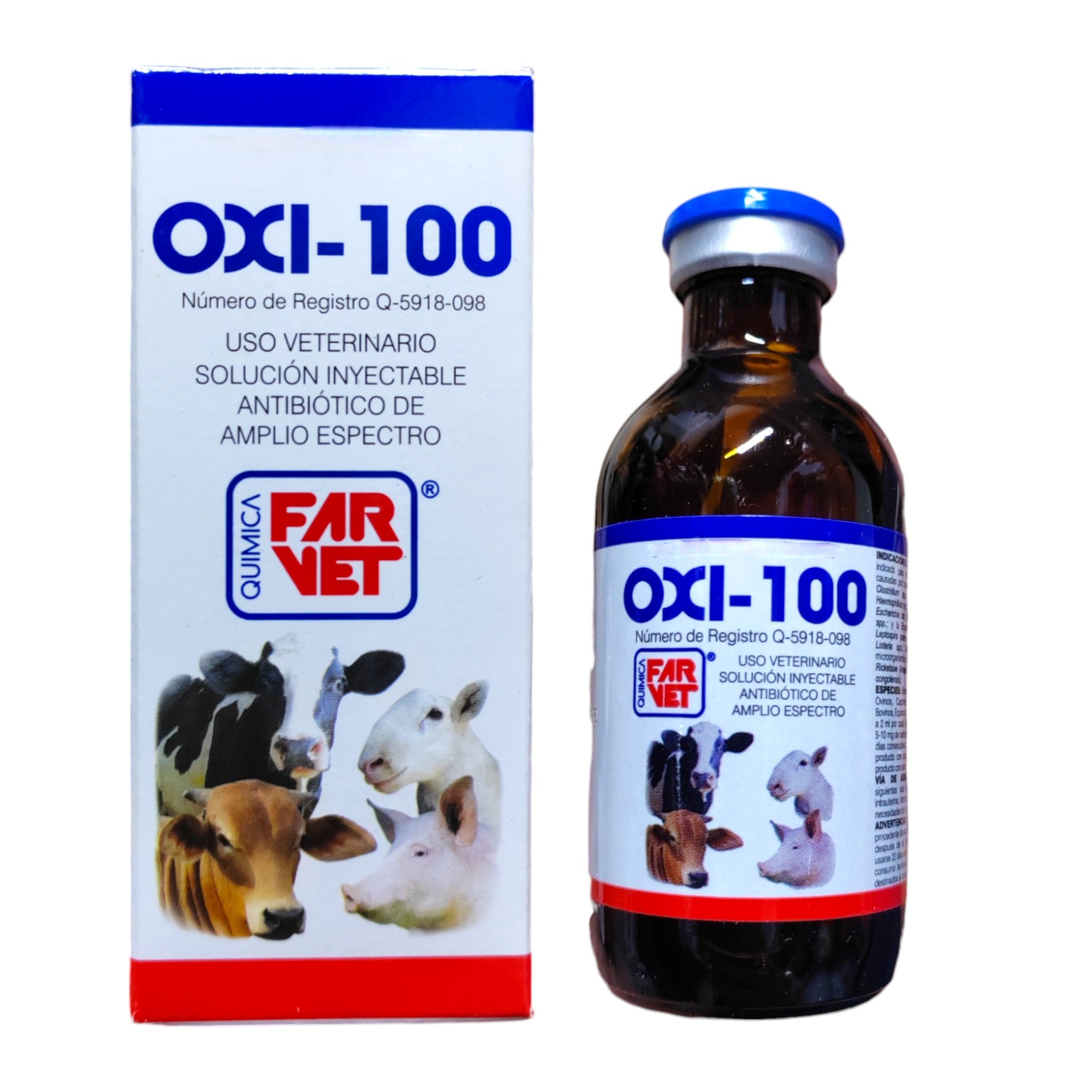 Caja y frasco de Oxi-100 antibiótico de amplio espectro para uso veterinario en ganado y mascotas

