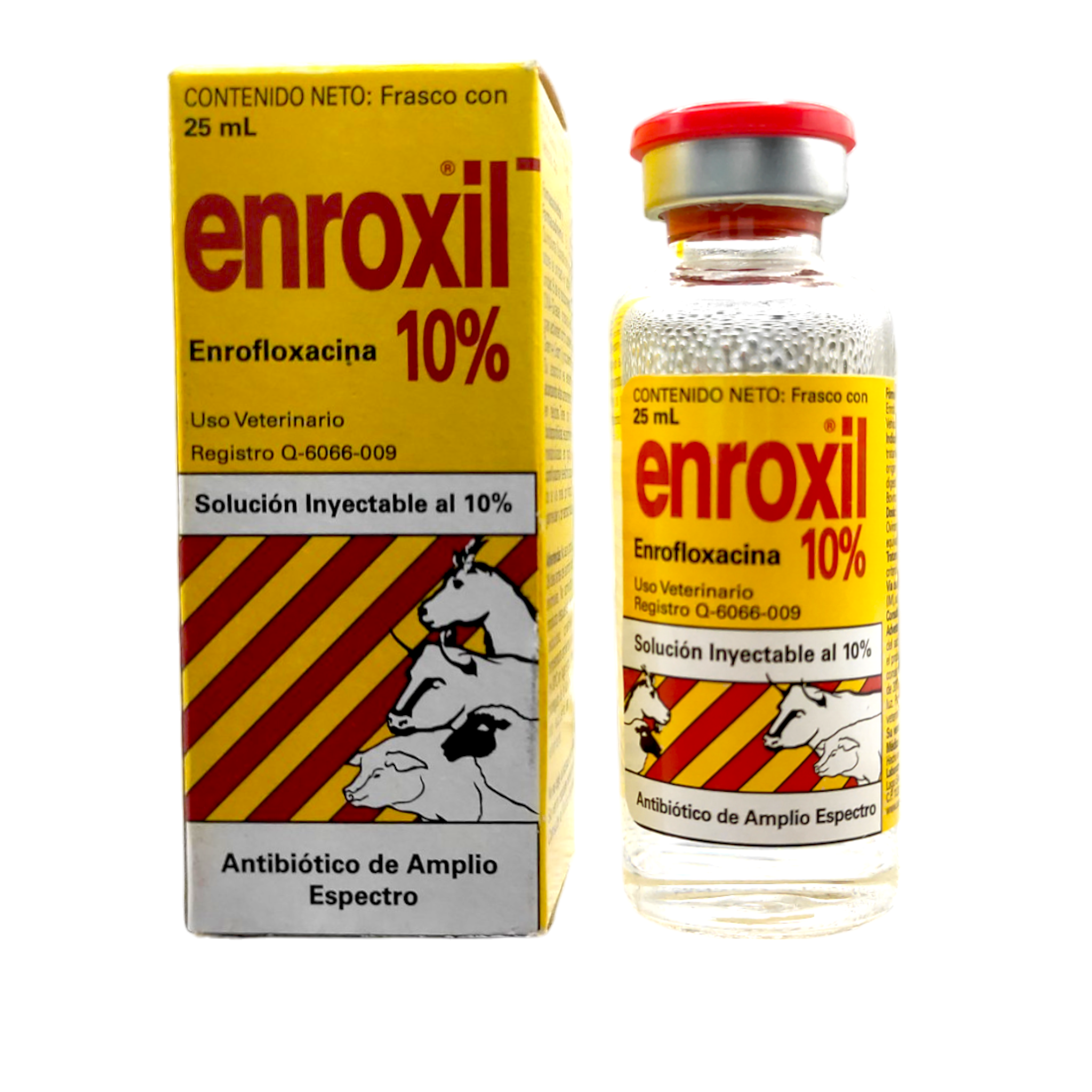 Frasco de Enroxil 10%, antibiótico para el tratamiento de infecciones en ganado y animales de producción.